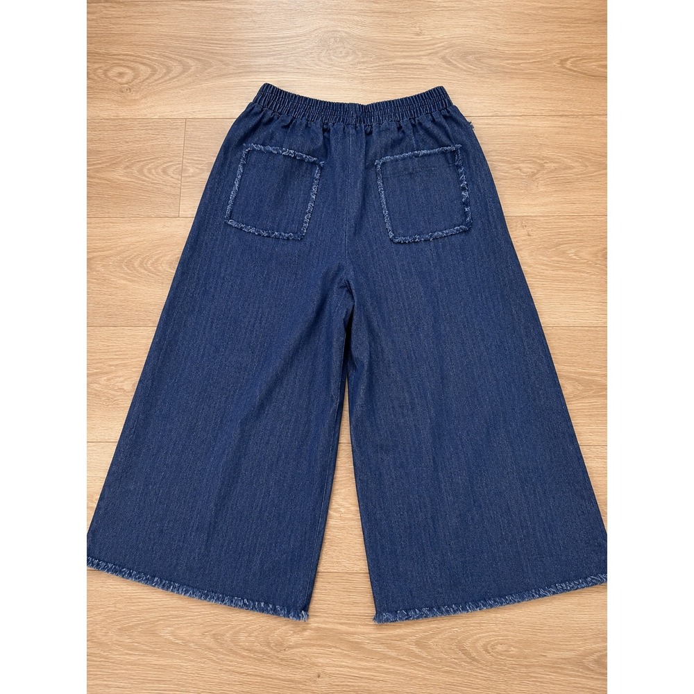 Umgee Wide Leg Cropped Denim Look Pants Raw Hem Pull-On Small - Picture 2 of 5